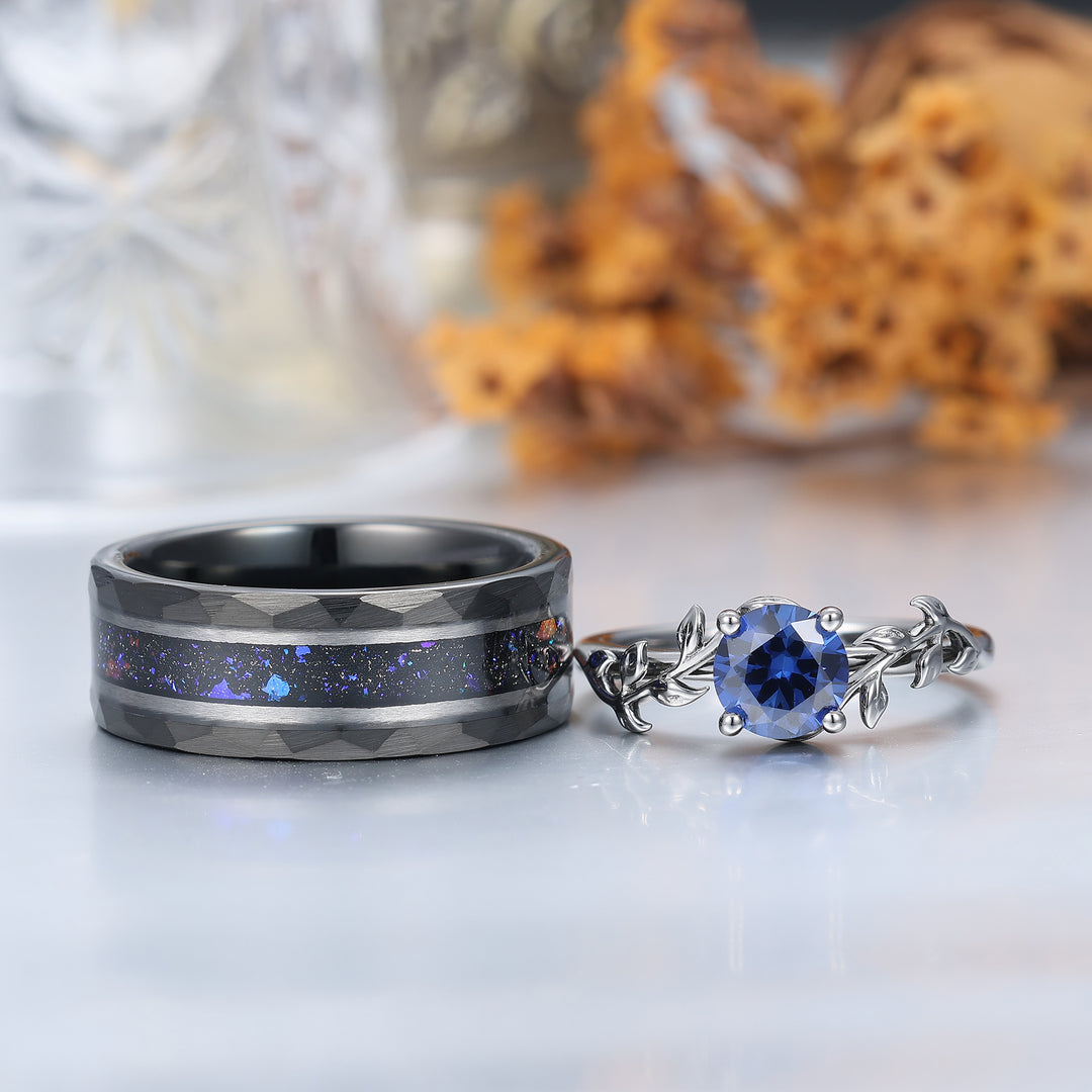 Bague de fiançailles solitaire ronde en saphir bleu, alliance de mariage pour lui et elle, bague de promesse assortie en forme de feuille pour couple