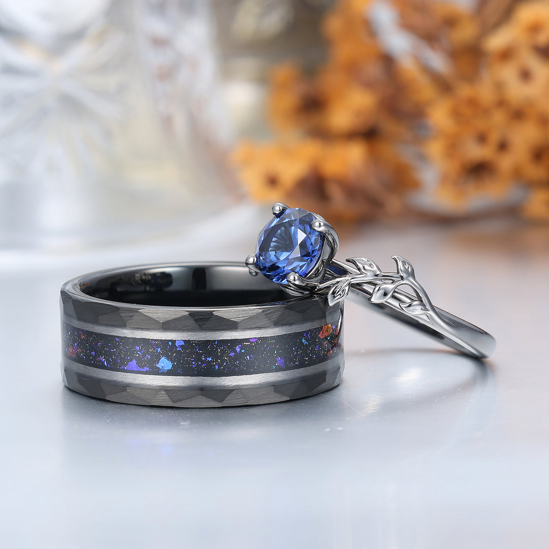 Bague de fiançailles solitaire ronde en saphir bleu, alliance de mariage pour lui et elle, bague de promesse assortie en forme de feuille pour couple