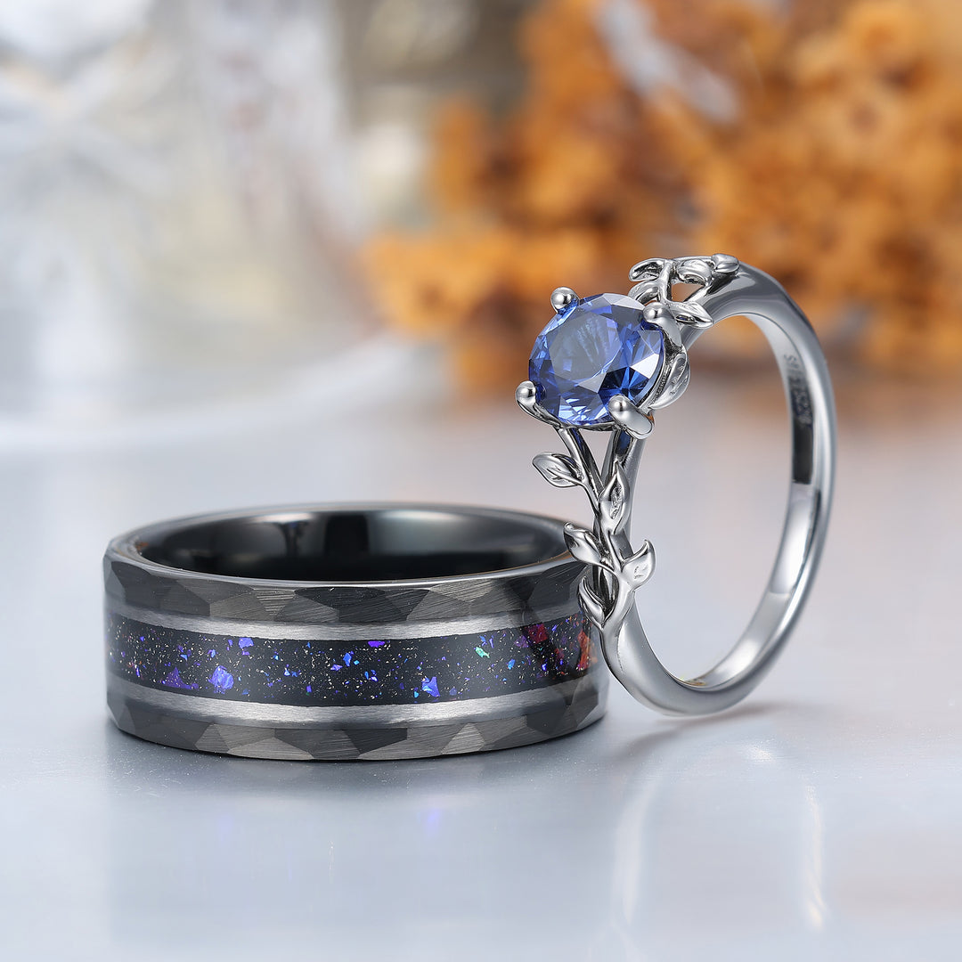 Bague de fiançailles solitaire ronde en saphir bleu, alliance de mariage pour lui et elle, bague de promesse assortie en forme de feuille pour couple