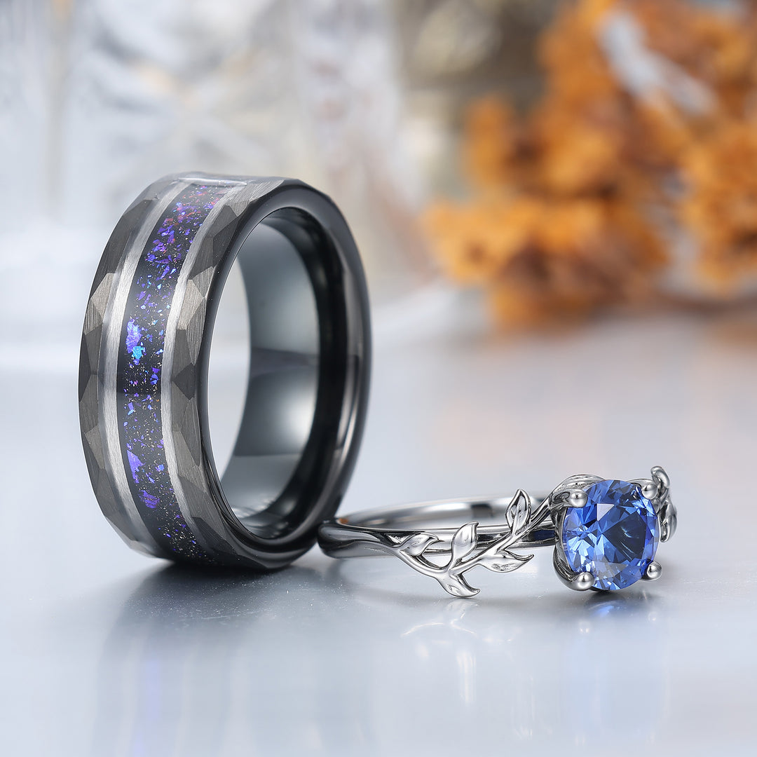 Bague de fiançailles solitaire ronde en saphir bleu, alliance de mariage pour lui et elle, bague de promesse assortie en forme de feuille pour couple