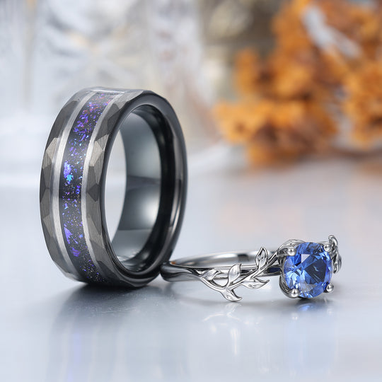 Bague de fiançailles solitaire ronde en saphir bleu, alliance de mariage pour lui et elle, bague de promesse assortie en forme de feuille pour couple