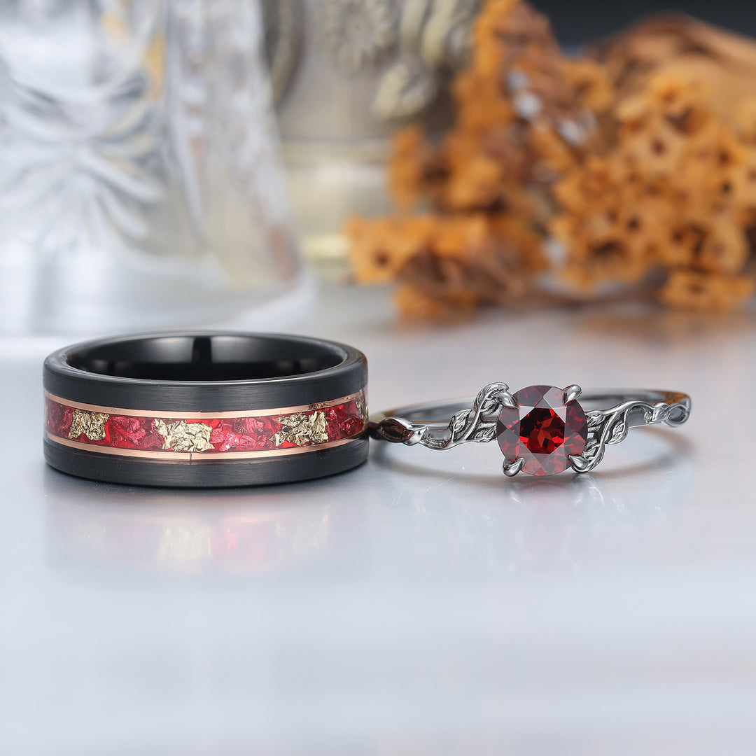 Set di anelli da coppia con design unico a forma di foglia, granato rosso, placcati in oro rosa - anelli coordinati per lui e per lei