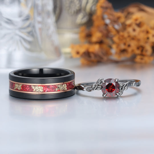 Set di anelli da coppia con design unico a forma di foglia, granato rosso, placcati in oro rosa - anelli coordinati per lui e per lei