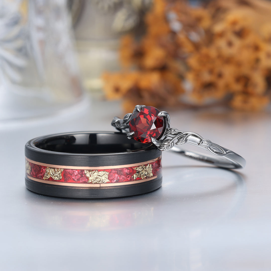 Set di anelli da coppia con design unico a forma di foglia, granato rosso, placcati in oro rosa - anelli coordinati per lui e per lei