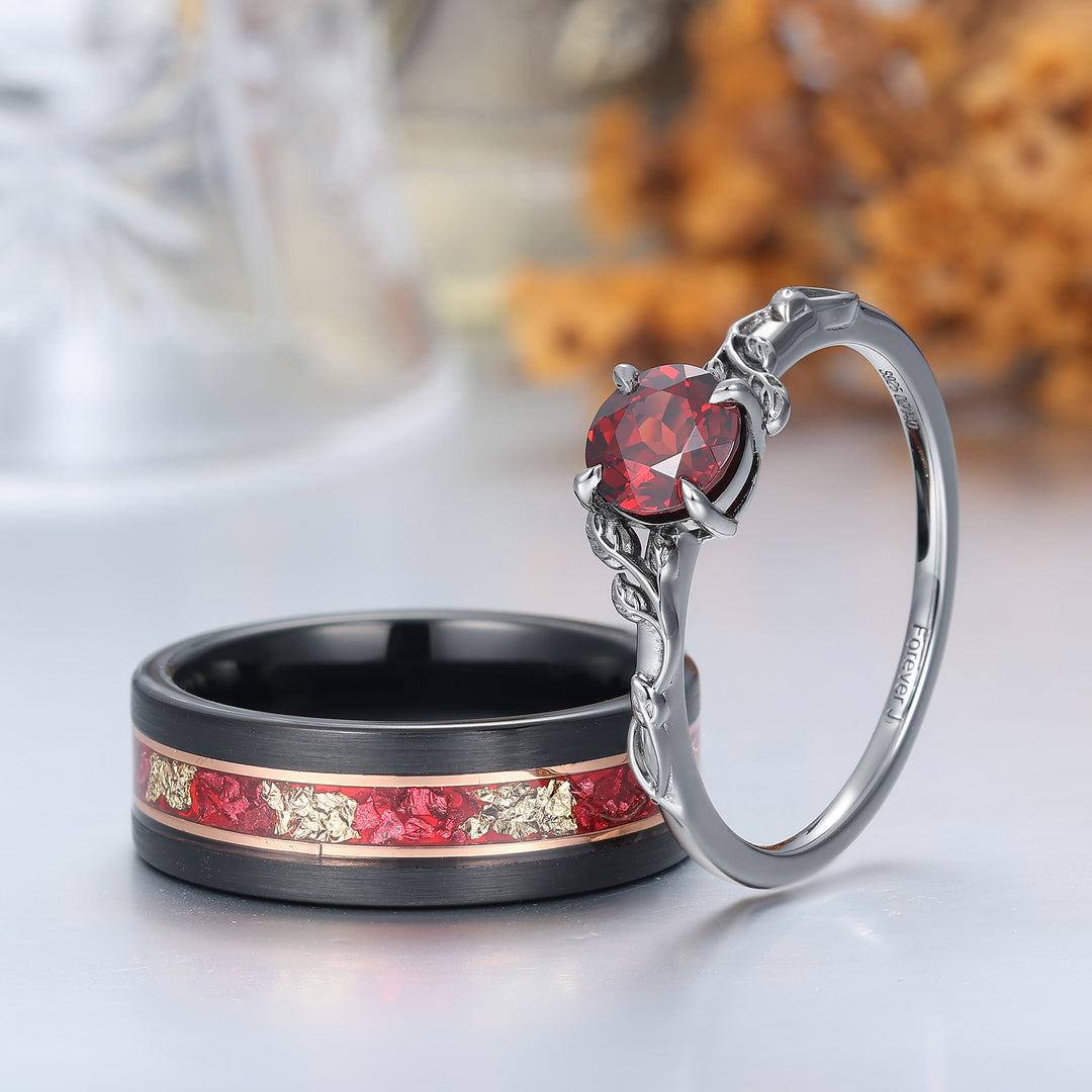 Set di anelli da coppia con design unico a forma di foglia, granato rosso, placcati in oro rosa - anelli coordinati per lui e per lei