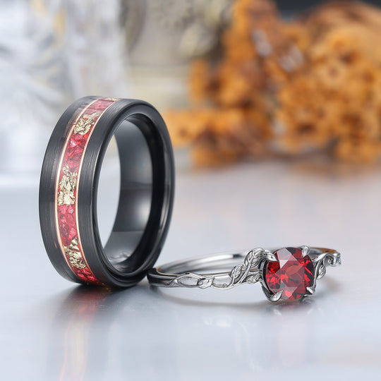 Set di anelli da coppia con design unico a forma di foglia, granato rosso, placcati in oro rosa - anelli coordinati per lui e per lei