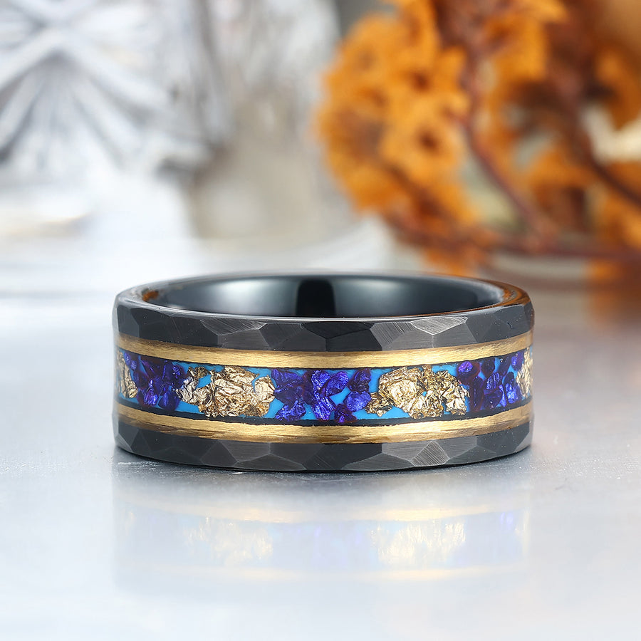 Blue Sapphire Gold Foil Hammered Men's 8mm Tungsten Ring Unisex Ring Gift