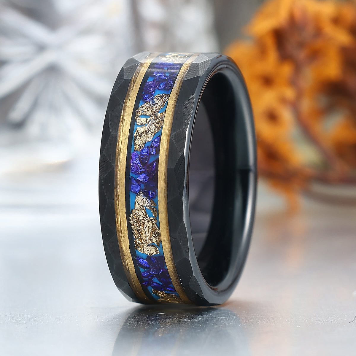 Blue Sapphire Gold Foil Hammered Men's 8mm Tungsten Ring Unisex Ring Gift -  Esdomera.com