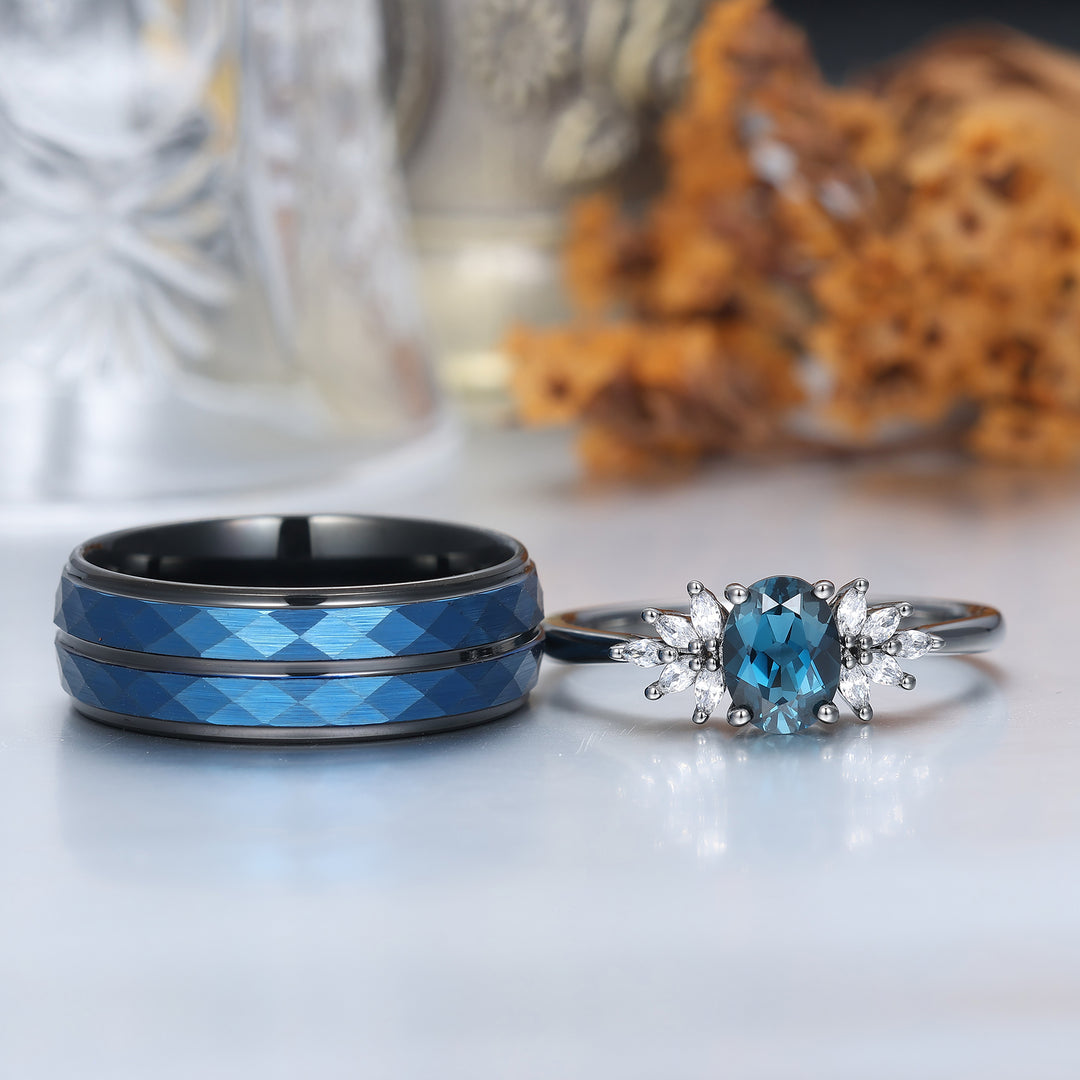 Conjunto de anillos para pareja con racimo floral de topacio azul Londres, anillos a juego azul y negro para él y para ella