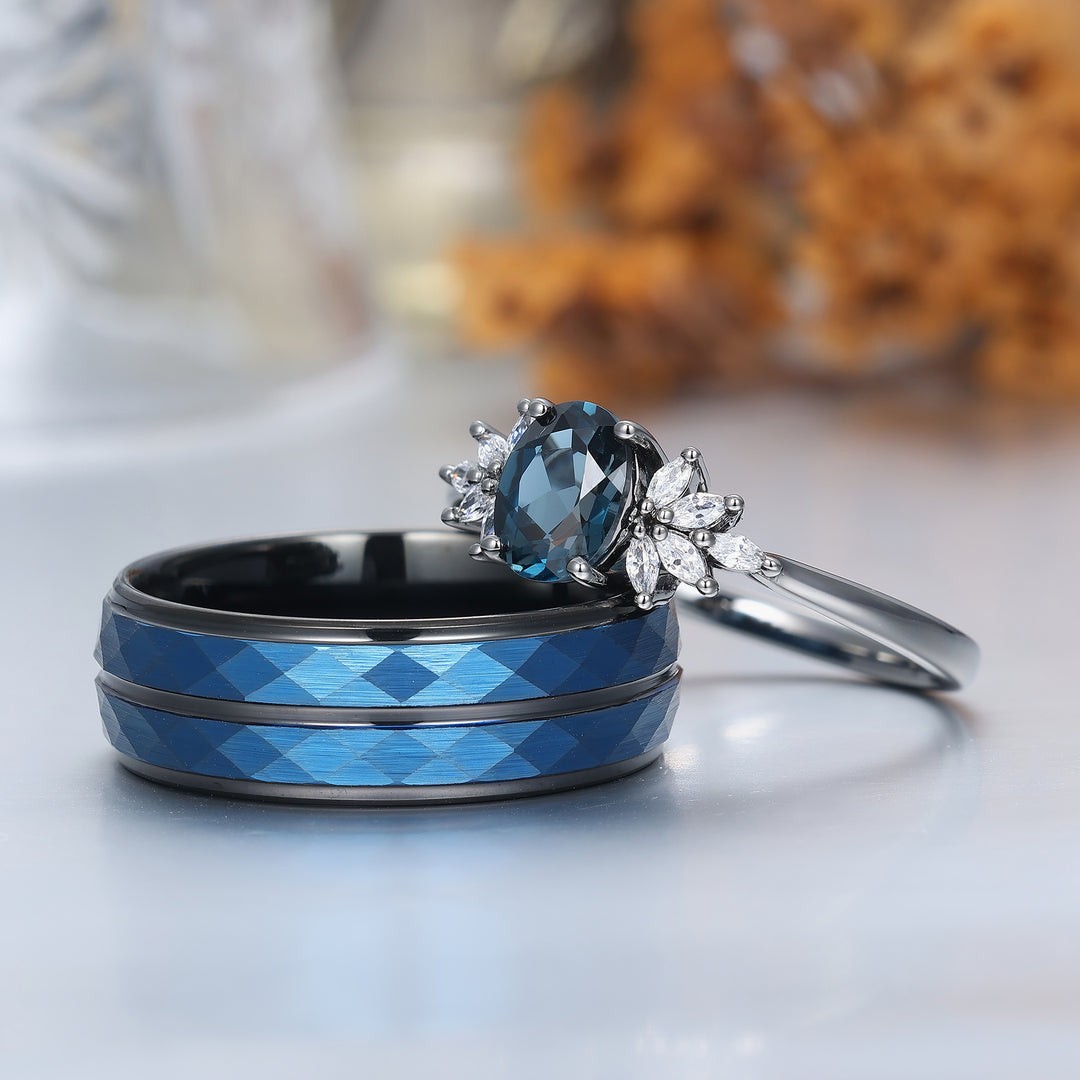 Conjunto de anillos para pareja con racimo floral de topacio azul Londres, anillos a juego azul y negro para él y para ella