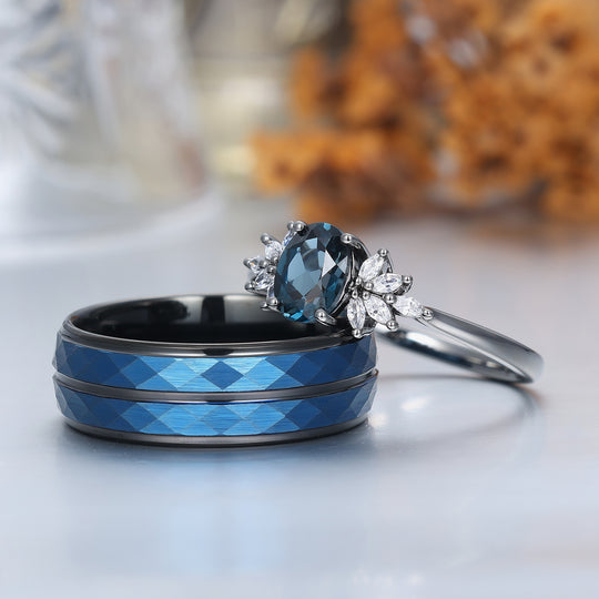 Conjunto de anillos para pareja con racimo floral de topacio azul Londres, anillos a juego azul y negro para él y para ella