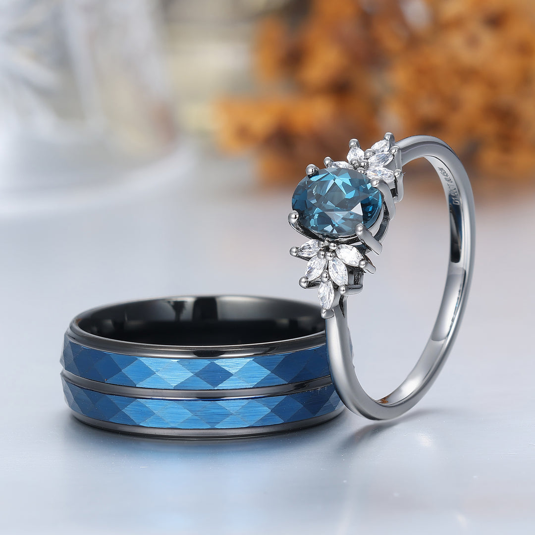 Conjunto de anillos para pareja con racimo floral de topacio azul Londres, anillos a juego azul y negro para él y para ella