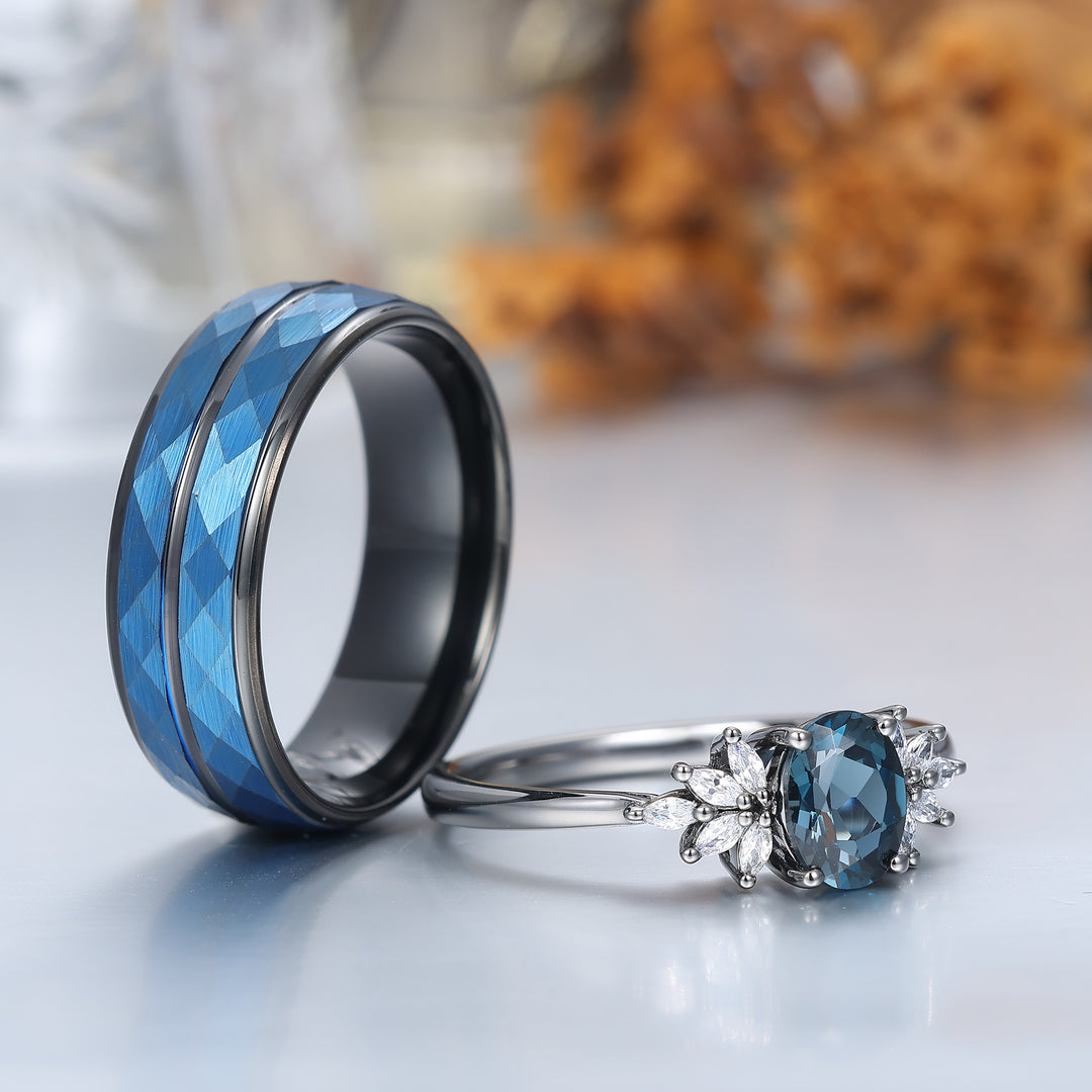 Conjunto de anillos para pareja con racimo floral de topacio azul Londres, anillos a juego azul y negro para él y para ella