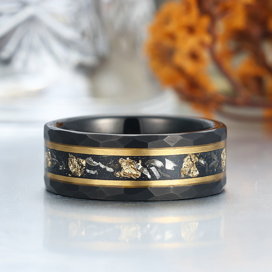 Black Meteorite Gold Foil Tungsten Mens Wedding Ring 8mm Hammer Promise Wedding Band