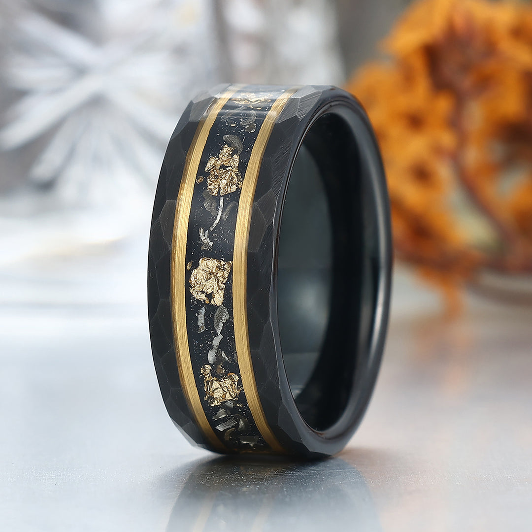Black Meteorite Gold Foil Tungsten Mens Wedding Ring 8mm Hammer