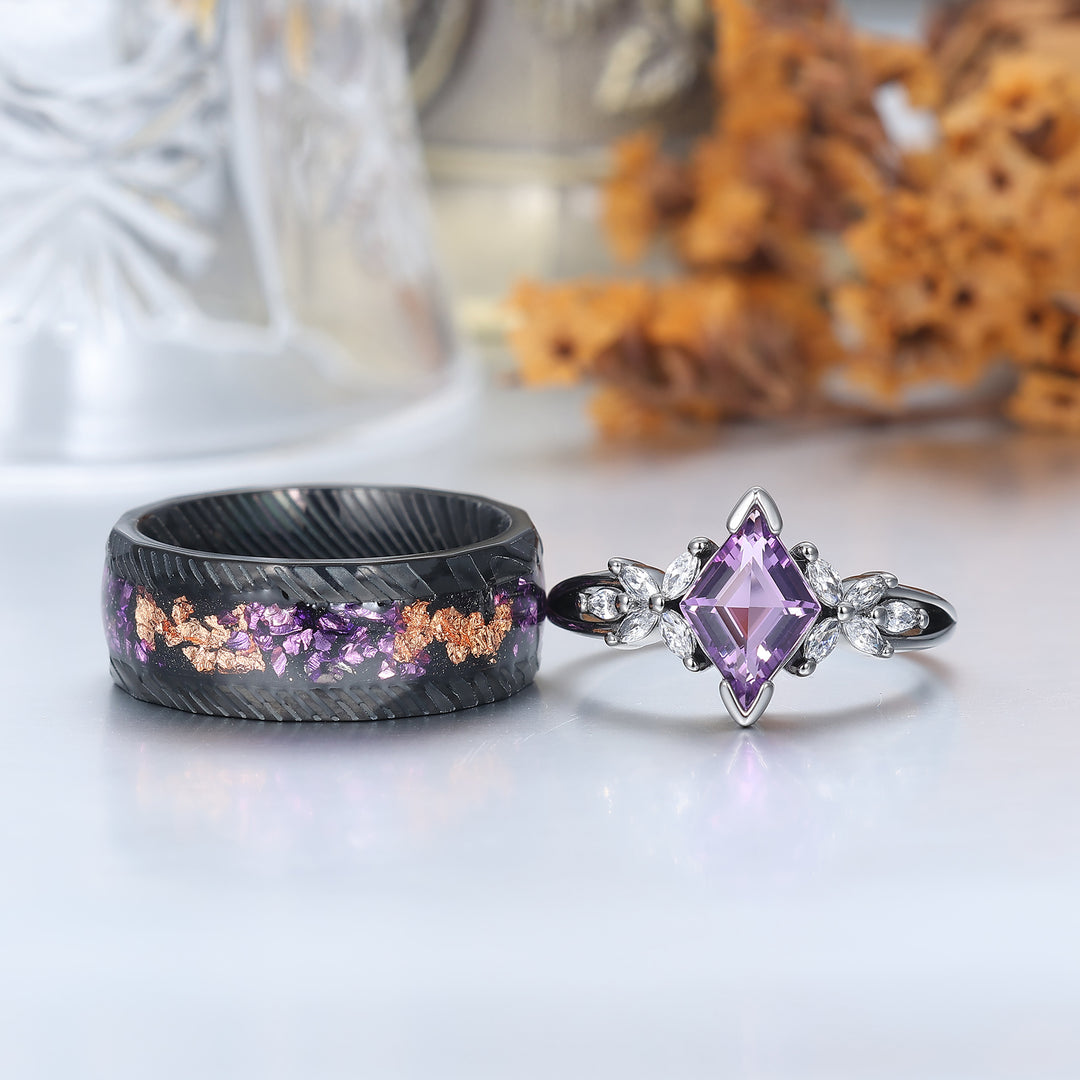 Floral Purple Amethyst Engagement Couple Rings Promise Damascus Matching His And Hers Wedding Rings