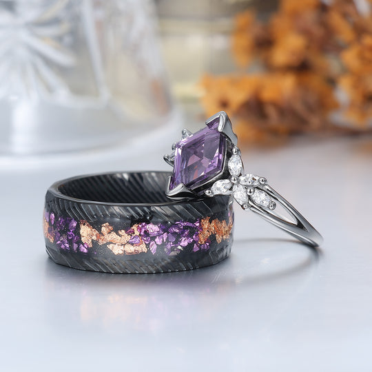 Floral Purple Amethyst Engagement Couple Rings Promise Damascus Matching His And Hers Wedding Rings