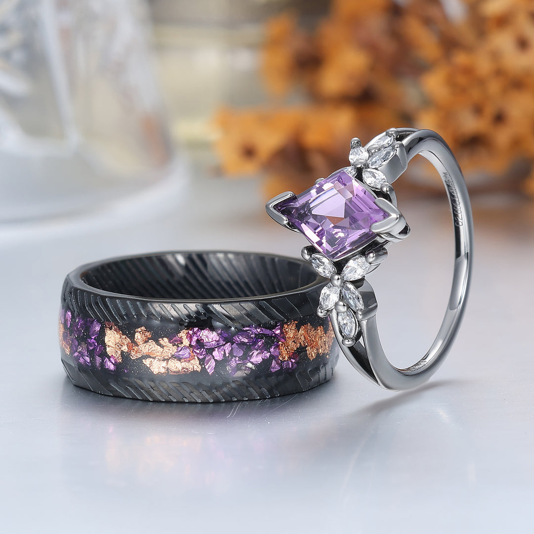 Floral Purple Amethyst Engagement Couple Rings Promise Damascus Matching His And Hers Wedding Rings