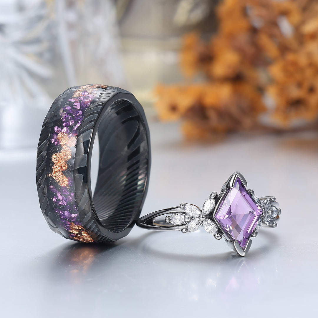 Floral Purple Amethyst Engagement Couple Rings Promise Damascus Matching His And Hers Wedding Rings