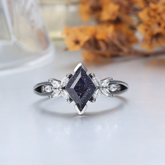 Anillos de compromiso para pareja de piedra arenisca azul pétalo delicado Anillos de boda a juego azul oscuro para él y para ella