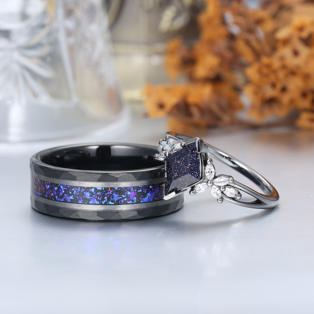 Anillos de compromiso para pareja de piedra arenisca azul pétalo delicado Anillos de boda a juego azul oscuro para él y para ella