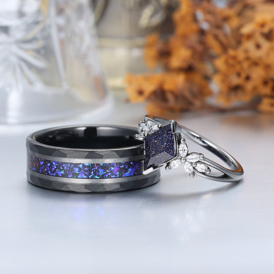 Anillos de compromiso para pareja de piedra arenisca azul pétalo delicado Anillos de boda a juego azul oscuro para él y para ella