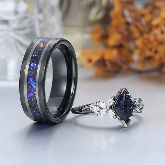 Anillos de compromiso para pareja de piedra arenisca azul pétalo delicado Anillos de boda a juego azul oscuro para él y para ella