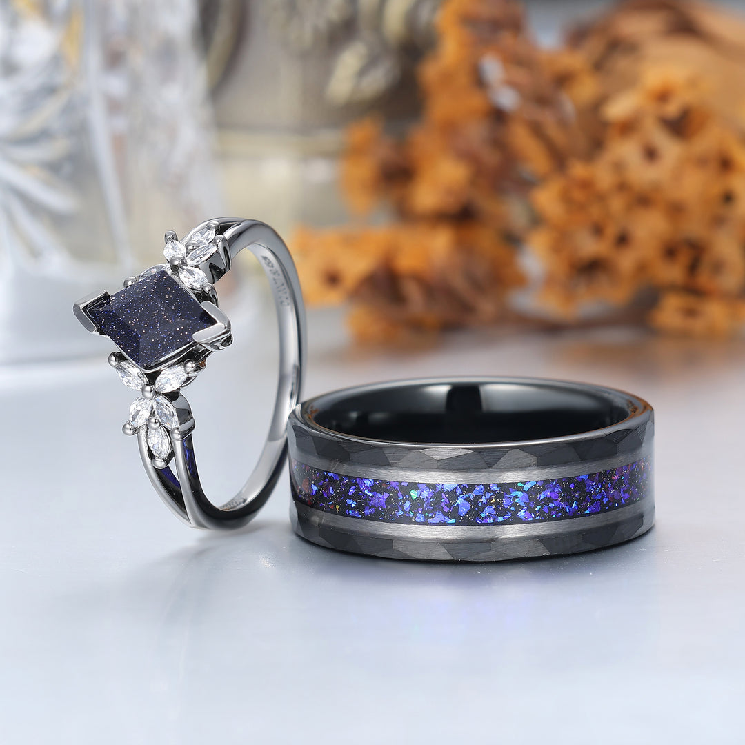 Anillos de compromiso para pareja de piedra arenisca azul pétalo delicado Anillos de boda a juego azul oscuro para él y para ella