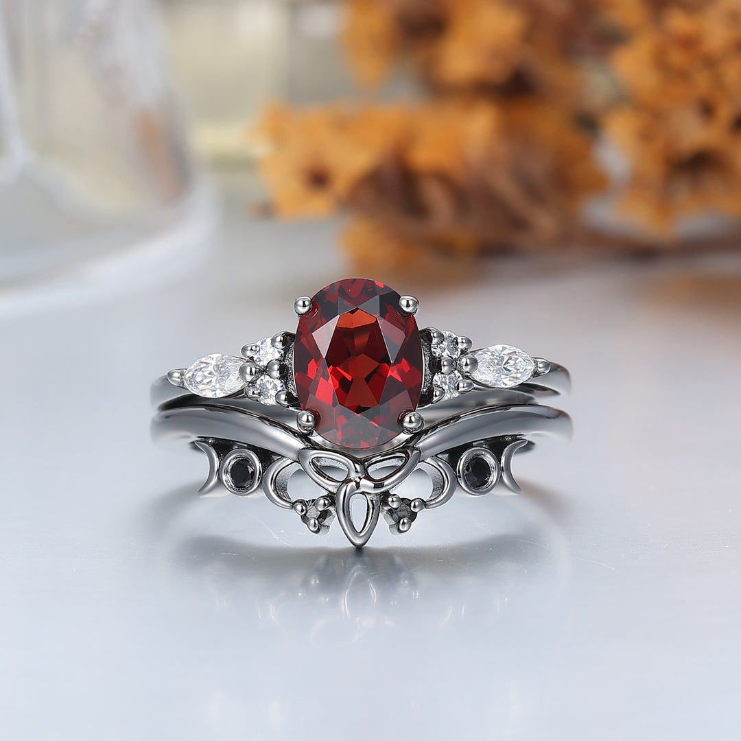 Vintage Oval Red Garnet Tungsten Ruby Couples Ring Set 925 Sterling Sliver Black His and Hers Wedding Band