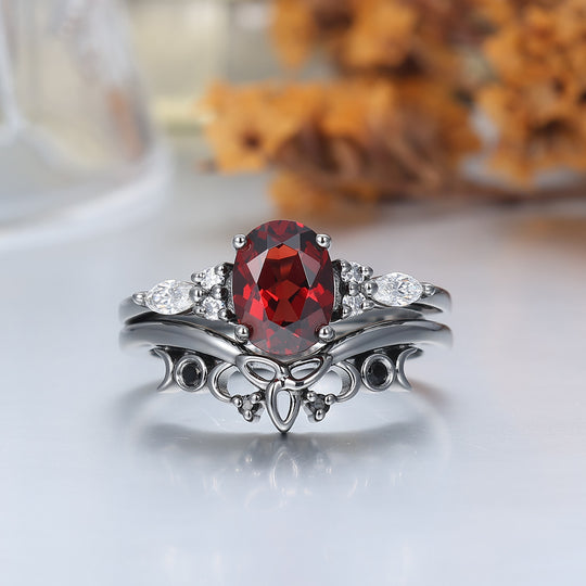 Vintage Oval Red Garnet Tungsten Ruby Couples Ring Set 925 Sterling Sliver Black His and Hers Wedding Band