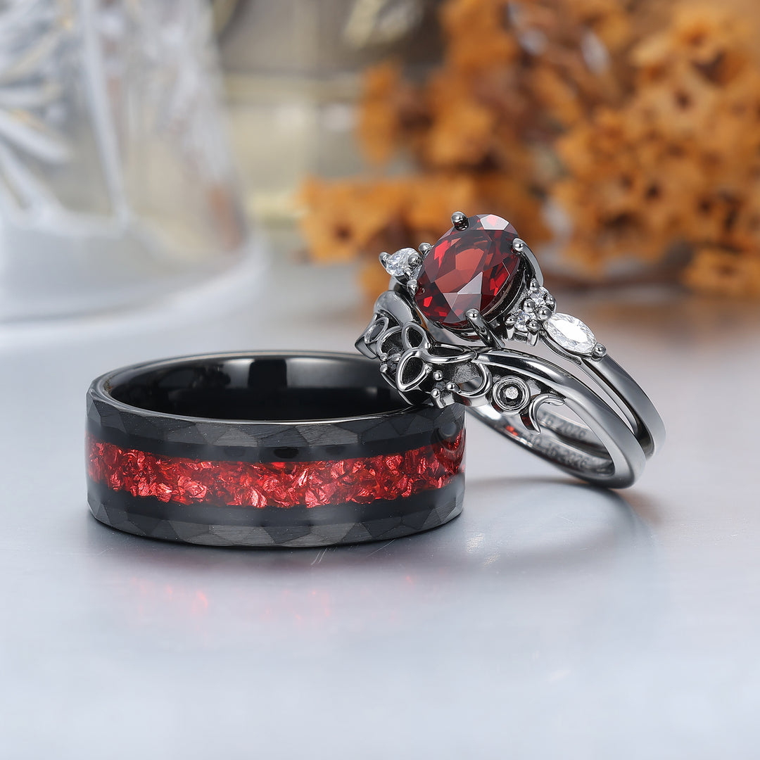 Vintage Oval Red Garnet Tungsten Ruby Couples Ring Set 925 Sterling Sliver Black His and Hers Wedding Band