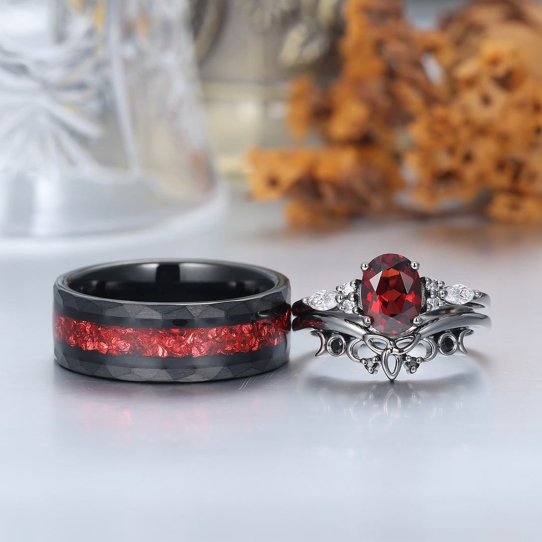 Vintage Oval Red Garnet Tungsten Ruby Couples Ring Set 925 Sterling Sliver Black His and Hers Wedding Band