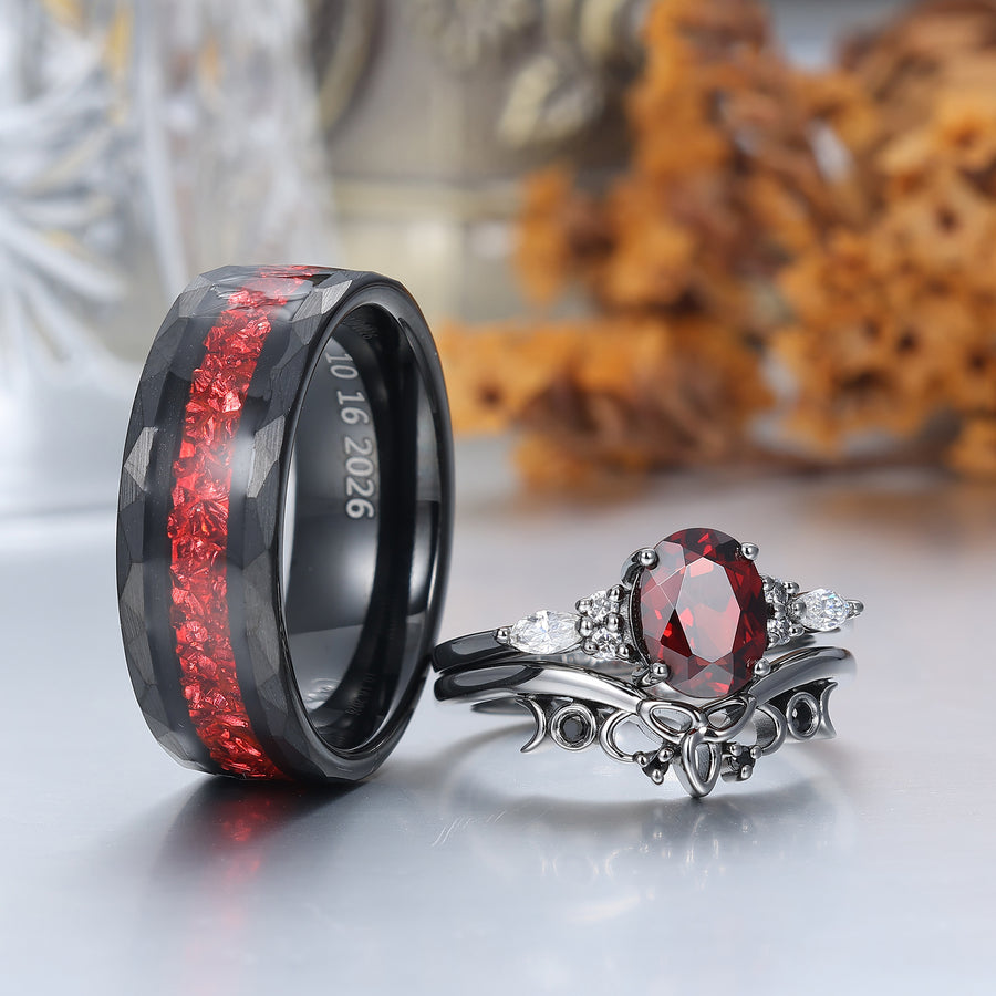 Set di anelli da coppia vintage con granato rosso ovale e rubino in tungsteno, fedi nuziali in argento sterling 925 e nero per lui e per lei
