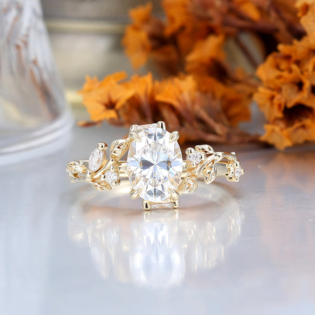 Artsy ovale slijpvorm 1.5CT moissaniet verlovingsring in bladstijl, bridal- en jubileumring