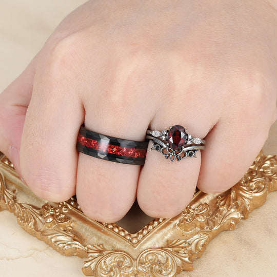 Vintage Oval Red Garnet Tungsten Ruby Couples Ring Set 925 Sterling Sliver Black His and Hers Wedding Band