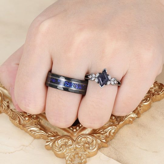 Anillos de compromiso para pareja de piedra arenisca azul pétalo delicado Anillos de boda a juego azul oscuro para él y para ella
