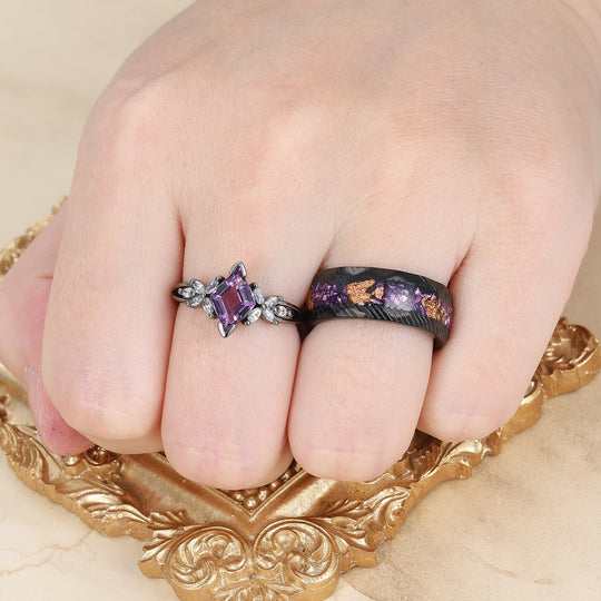 Floral Purple Amethyst Engagement Couple Rings Promise Damascus Matching His And Hers Wedding Rings