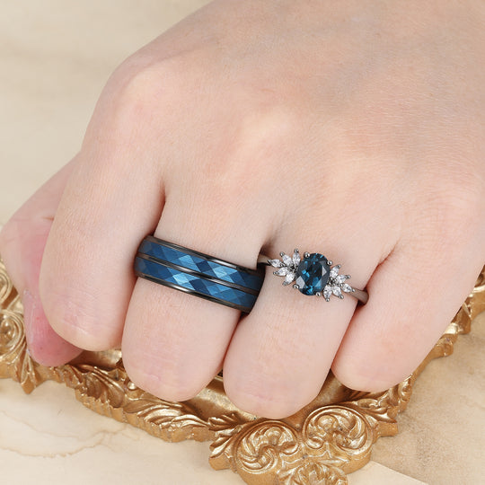 Conjunto de anillos para pareja con racimo floral de topacio azul Londres, anillos a juego azul y negro para él y para ella
