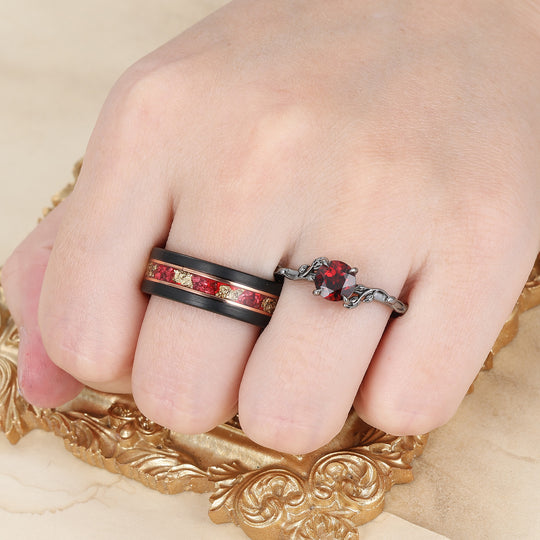 Set di anelli da coppia con design unico a forma di foglia, granato rosso, placcati in oro rosa - anelli coordinati per lui e per lei