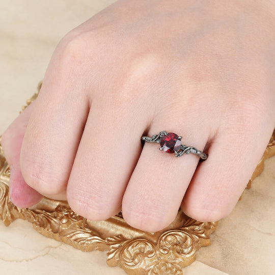 Antiker, von der Natur inspirierter 1,25 CT Rundschliff 14k Gold roter Granat Blatt Ring