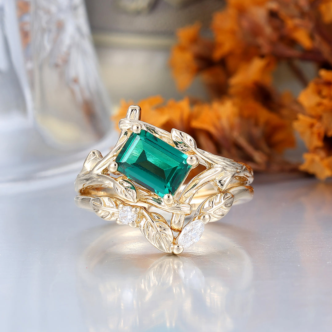 Vintage Bezel Set Emerald Cut Natural Leaf Vines Emerald Ring Set Leaf Design Band