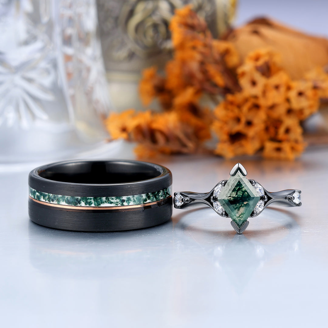 Bague de fiançailles pour couples assortie en agate mousse naturelle Art déco, anneau de promesse de mariage en tungstène avec pierre précieuse verte