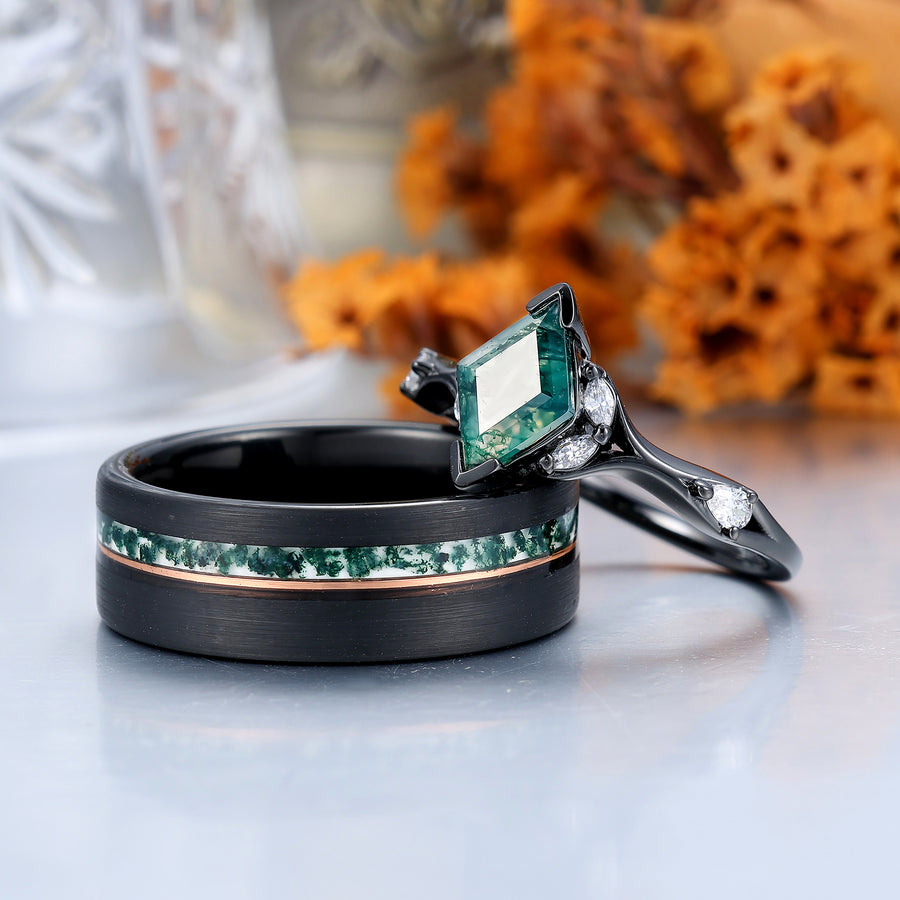 Bague de fiançailles pour couples assortie en agate mousse naturelle Art déco, anneau de promesse de mariage en tungstène avec pierre précieuse verte