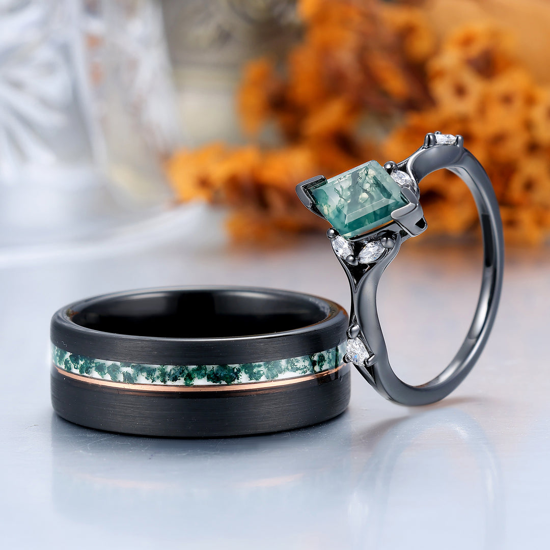 Bague de fiançailles pour couples assortie en agate mousse naturelle Art déco, anneau de promesse de mariage en tungstène avec pierre précieuse verte