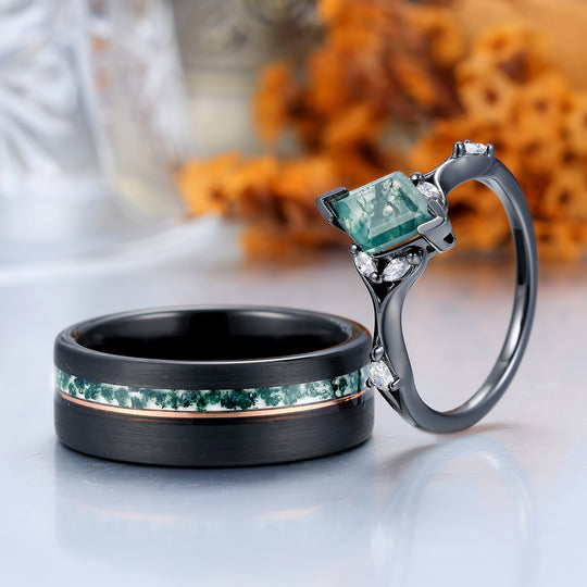 Bague de fiançailles pour couples assortie en agate mousse naturelle Art déco, anneau de promesse de mariage en tungstène avec pierre précieuse verte