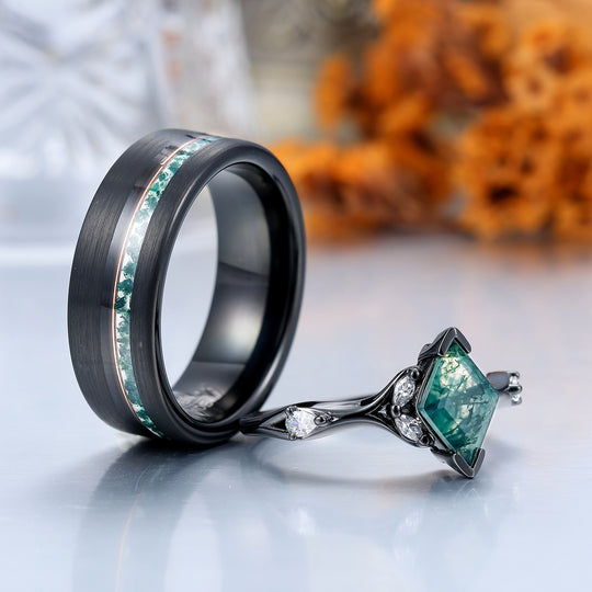 Bague de fiançailles pour couples assortie en agate mousse naturelle Art déco, anneau de promesse de mariage en tungstène avec pierre précieuse verte