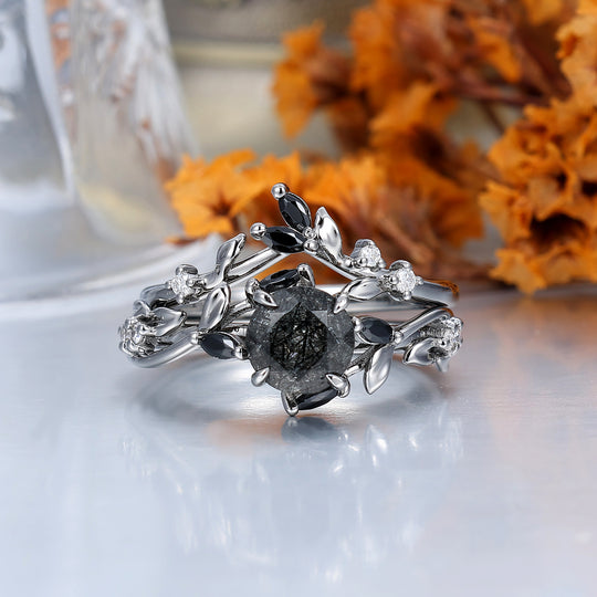 Leaf-inspired 1CT Round Black Rutilated Quartz Engagement Ring S925 Black Plated Women's Ring