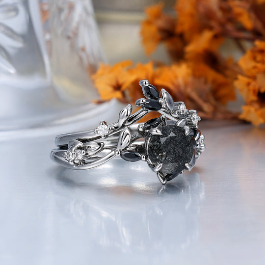 Leaf-inspired 1CT Round Black Rutilated Quartz Engagement Ring S925 Black Plated Women's Ring