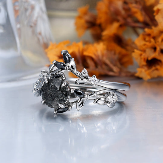 Leaf-inspired 1CT Round Black Rutilated Quartz Engagement Ring S925 Black Plated Women's Ring