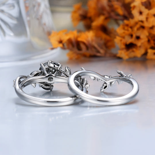 Leaf-inspired 1CT Round Black Rutilated Quartz Engagement Ring S925 Black Plated Women's Ring
